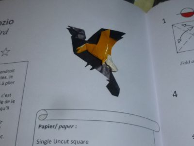 Petit zozio.
Modèle de Raphaël Maillot, dans son livre "Magic Origami".
Plié en papier origami, carré de 7,5 cm de côté.
