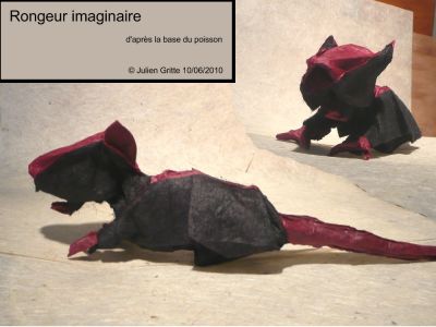 rongeur imaginaire
papier fourrure (origami shop.com) et soie en 30x30
base poisson avec greffe base poisson sur tête et pattes
Mots-clés: rongeur imaginaire julien gritte