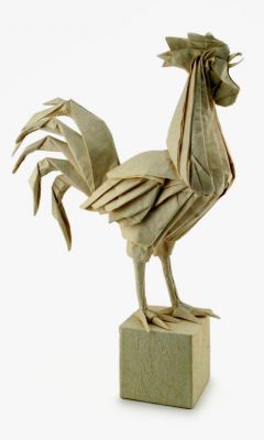 Coq N°3.
créé 1996?/plié 2008
Papier bambou-Kôzô 90grs MC+WF
initial 130cm, H finale 40cm.
