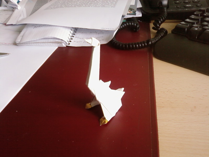 Oie 3D - essai
Dernière version, papier bicolore (le changement de couleur n'est présent que sur les pattes, mais pourrait en théorie se faire aussi pour le bec, mais au détriment d'un côté "cartoon".
