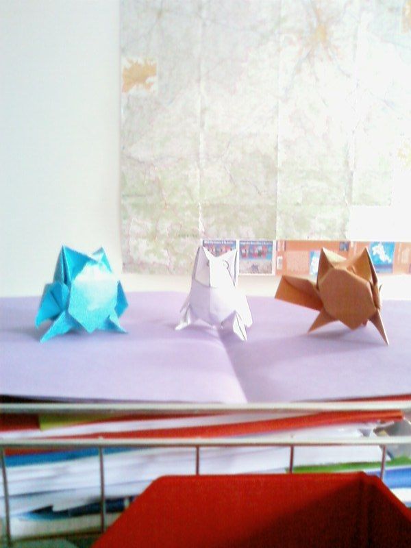 Hibou de Davor Vinko
Différents essais : le blanc est du papier imprimante 80g carré de 15*15, le bleu du papier origami 15*15 et le marron du mi-teintes 120 g
