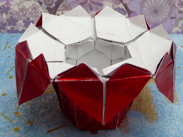 Boîte 6 coeurs profil 2
Papier métal rouge/blanc, hexagone de 12 cm de côté
