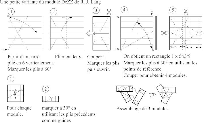 Variante simplifiée du module DeZZ de R. J. Lang
4 modules à la fois, à partir d'un carré recoupé en un rectangle. 
