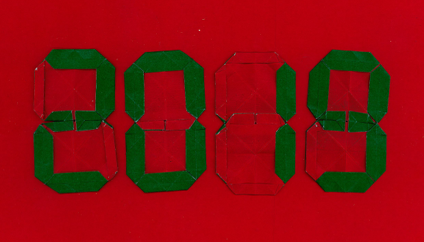 Une bonne année 2019
Une suite des précédentes années (1 feuille par chiffre), nouvelle création, inspirée par 
"Origami Seven-Segment Display" de Hadi Tahir (2017) https://haditahir.wordpress.com/2017/10/23/tutorial-origami-layar-tujuh-segmen/
et "Convertible LCD numbers" de Mi Wu (2018) https://www.flickr.com/photos/129587911@N03
