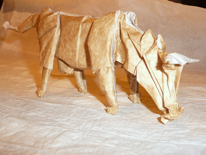 Vache d'après David Llanque
premier essai - Kraft (28gr/m^2) + soie contrecollés au MC (50cm)
Mots-clés: vache