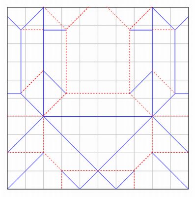 CP de la base de mon ours (gachepapier)
Cette fois-ci c'est la bonne.

Distribution des pointes :
- pattes postérieures en bas dans les coins
- la queue touche les triangles du centre du papier
- les oreilles sont sur le bord supérieur
- les pattes antérieures sont formées des angles aigus du grand triangle central.
Mots-clés: cp ours