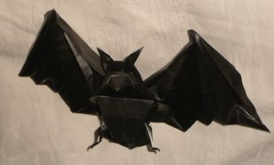Chauve-souris de Noboru Miyajima
Avec une feuille de +- 30cm. Ce pliage m'aura servi à comprendre le modèle, il ne me reste plus qu'à essayer de le faire proprement. (c'est dur de faire une photo d'un modèle noir, héhé).

Ce que la photo ne révèle pas, c'est que le papier a laché un petit peu au niveau du pied droit (gauche sur l'image). Aussi, ce sera mieux avec un papier noir des deux côtés.
Mots-clés: chauve-souris