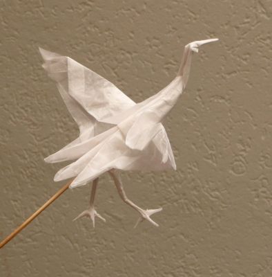 Grue d'après Romàn Díaz
Papier de soie (34 cm; une seule couche de 20g/cm^2) traité au MC
Mots-clés: grue