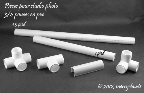 Pièces pour studio photo
Tuyau a plomberie
3/4 de pouces en pvc
coupé en 1 et 1.5 pieds de longueur
embouts utilisés pour construire des serres (jardinage)
