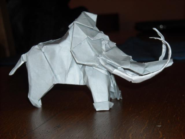 Mammouth de Satoshi KAMIYA
Papier origami bicolore (gris blanc) 35 cm x 35 cm (c'est le papier qu'on trouve sur le site de Nicolas TERRY
