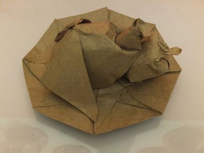 Cochonaille (avril 2015)
sujet "cochonaille" , le cochon sous sa forme alimentaire , je ne me voyais pas plier un saucisson ou une assiette de charcuterie et je voulais y voir clairement le rapport au cochon , ça a donné cette image de l'assiette présentant une tête de cochon avec sa pomme
