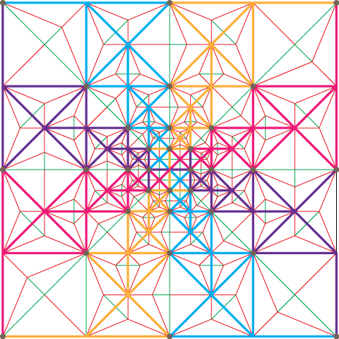 CP+structure de la tour fractale de Roman Diaz
Les points gris correspondent aux pointes qui sont ramenées au centre du modèle.
Les lignes épaisses correspondent aux huit lignes "radiales" qui passent par le centre et par les pointes.

