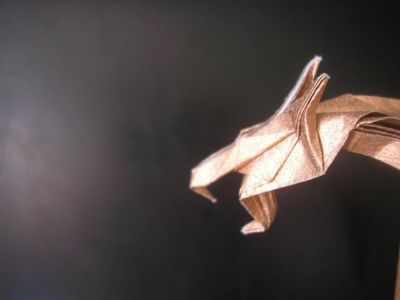 tête du dragon en plein vol
j'ai utilisé un carré de 30x30cm de papier de soie métalisé spécial origami de couleur cuivre (je suis super fan de ce papier)
