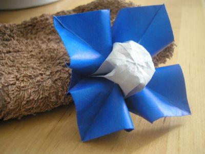 une fleur à 4 pétales, zoom (Lionel Albertino)
j'ai utilisé du papier origami standard de 15x15cm, bleu et blanc
