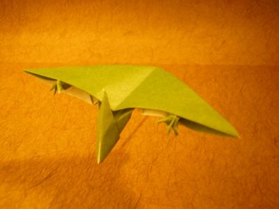 un bébé ptéranodon (Fernando Gilgado Gomez)
j'ai utilisé un carré 15x15cm de papier spécial origami vert et blanc
l'intérêt de cette photo réside dans le fait qu'on ne voit pas le support sur lequel se tient le dino ^^
