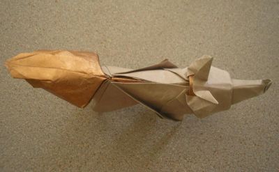 un renard, vue de dessus (Terry Nicolas, 2003)
papier de soie  métallisé cuivre de 30x30cm
