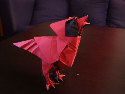 Cardinal
30*30, papier tant rouge + papier de soie noir, plié à partir du livre Essence de Roman Diaz.
Première tentative de Wet-folding, assez peu concluante =)
