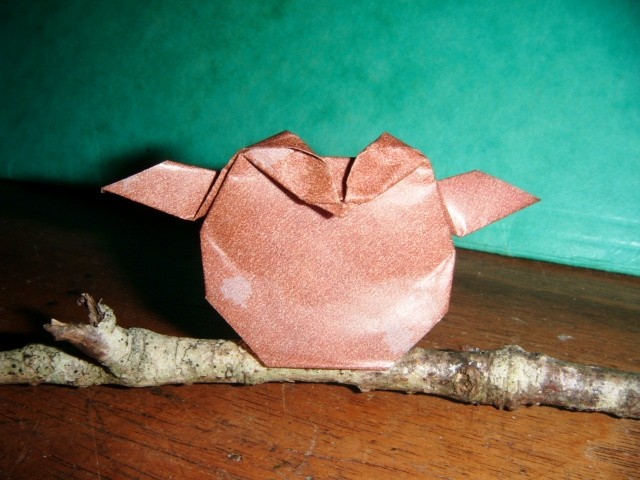 Une Chouette 
Chouette réalisé grâce au diagramme du livre "Origami pour tous" de Didier Boursin.
Plié dans un carré de 7x7cm de papier kraft.
