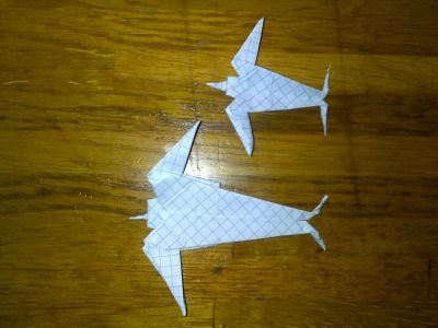 Deux Hirondelles
Diagramme provenant du site www.chine-culture.com/origami/origami.phpEn cache.
Diagramme de 19 étapes plié dans une feuille blanche petit carreau de 10*10cm et 15*15cm.
