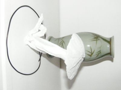 champignon en froissing
premier essai  en serviette en papier posé sur un socle en fil de fer
