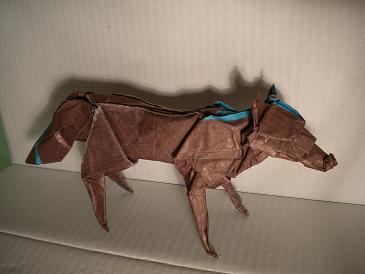 Loup
Plié à partir du diagramme du guépard d'Albertino. J'ai modifié la tête et la queue de façon très simple. Le wet-folding valait-il le coup ? Qu'est-ce-que je pourrais améliorer ?
Mots-clés: loup Albertino guépard Lionel Safari origami