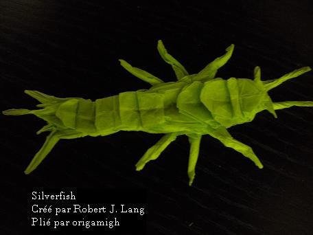 Silverfish de Robert J. Lang
Plié dans un papier de soie d'une trentaine de centimètre (sans wet-folding/MC/sandwich)
Mots-clés: silverfish Robert J Lang soie