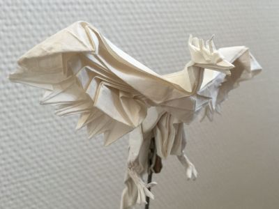 Phoenix 3.5, Satoshi Kamiya
Phoenix plié dans du kraft blanc, traité à la colle + modelage à l'eau.
Détails des ailes et de la tête.
