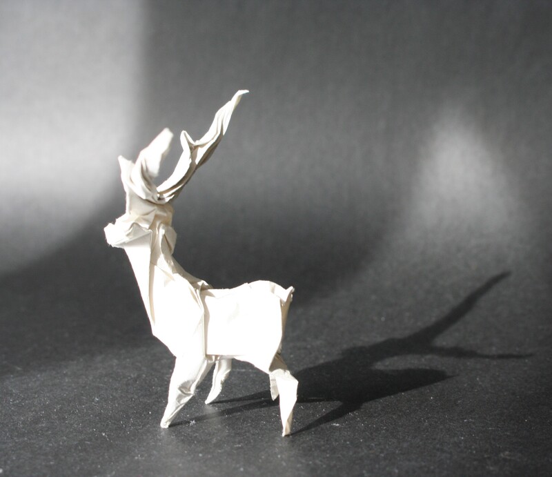 Cerf
Fait à partir d'une longue chute de papier. Pour ces animaux à longues cornes je n'ai pas de modèle très précis, il y a toujours une certaine dose d'improvisation.
Mots-clés: animal